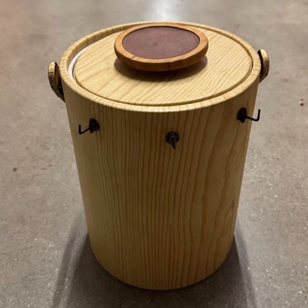Vintage Kraftware NYC Ice Bucket Cork and Leather w/ Brass Handles Utensil Hooks